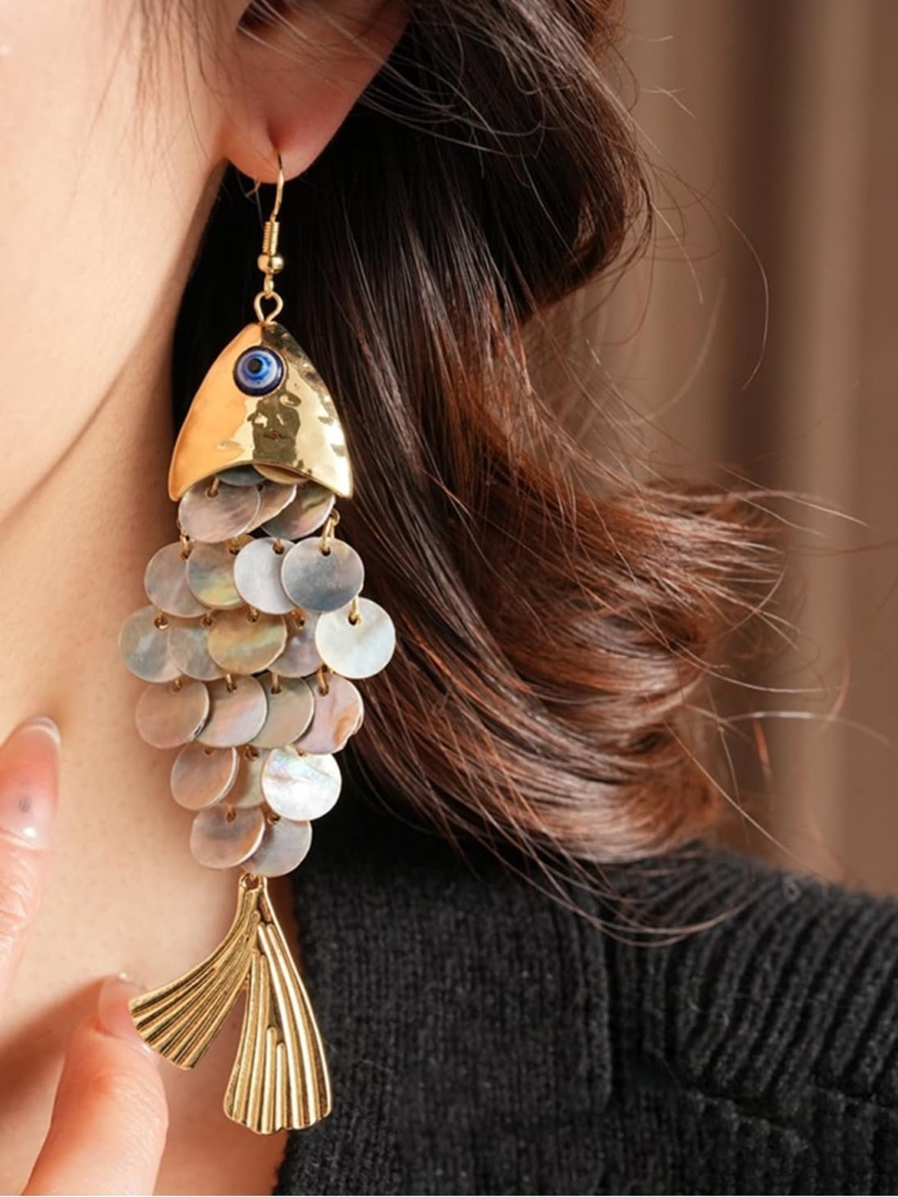 Gold Fish Shell Disc Dangle Earrings - Picture 5 of 7